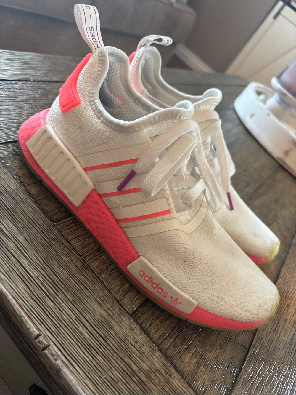 adidas White Athletic Shoes with Pink and Purple Accents